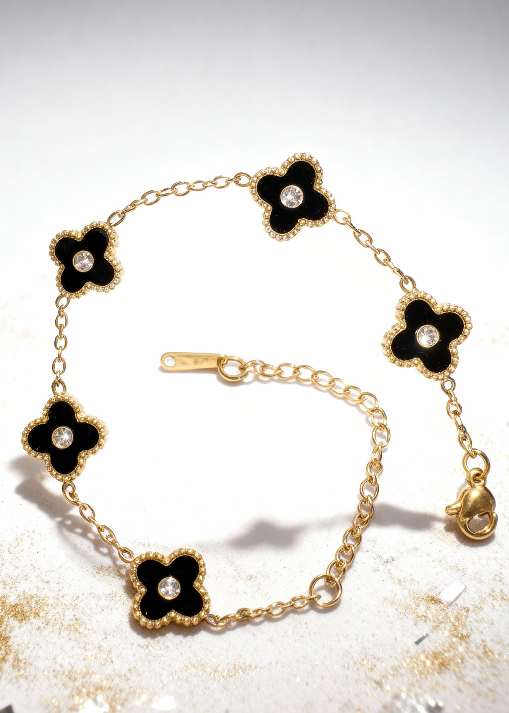 Black Gemstone Gold Clover Bracelet "Adjustable"