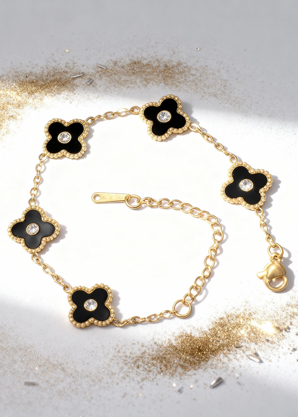 Black Gemstone Gold Clover Bracelet "Adjustable"