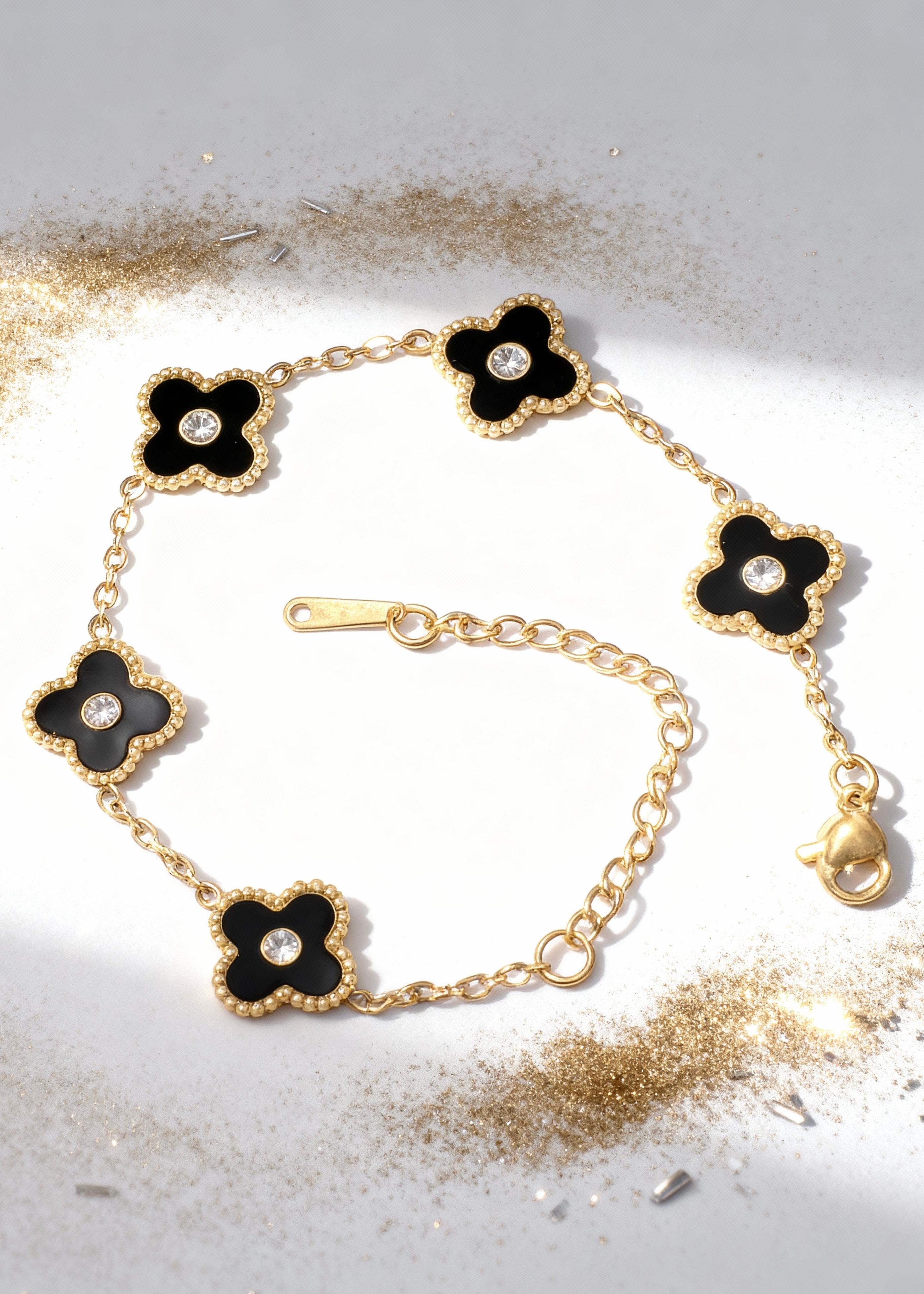 Black Gemstone Gold Clover Bracelet "Adjustable"