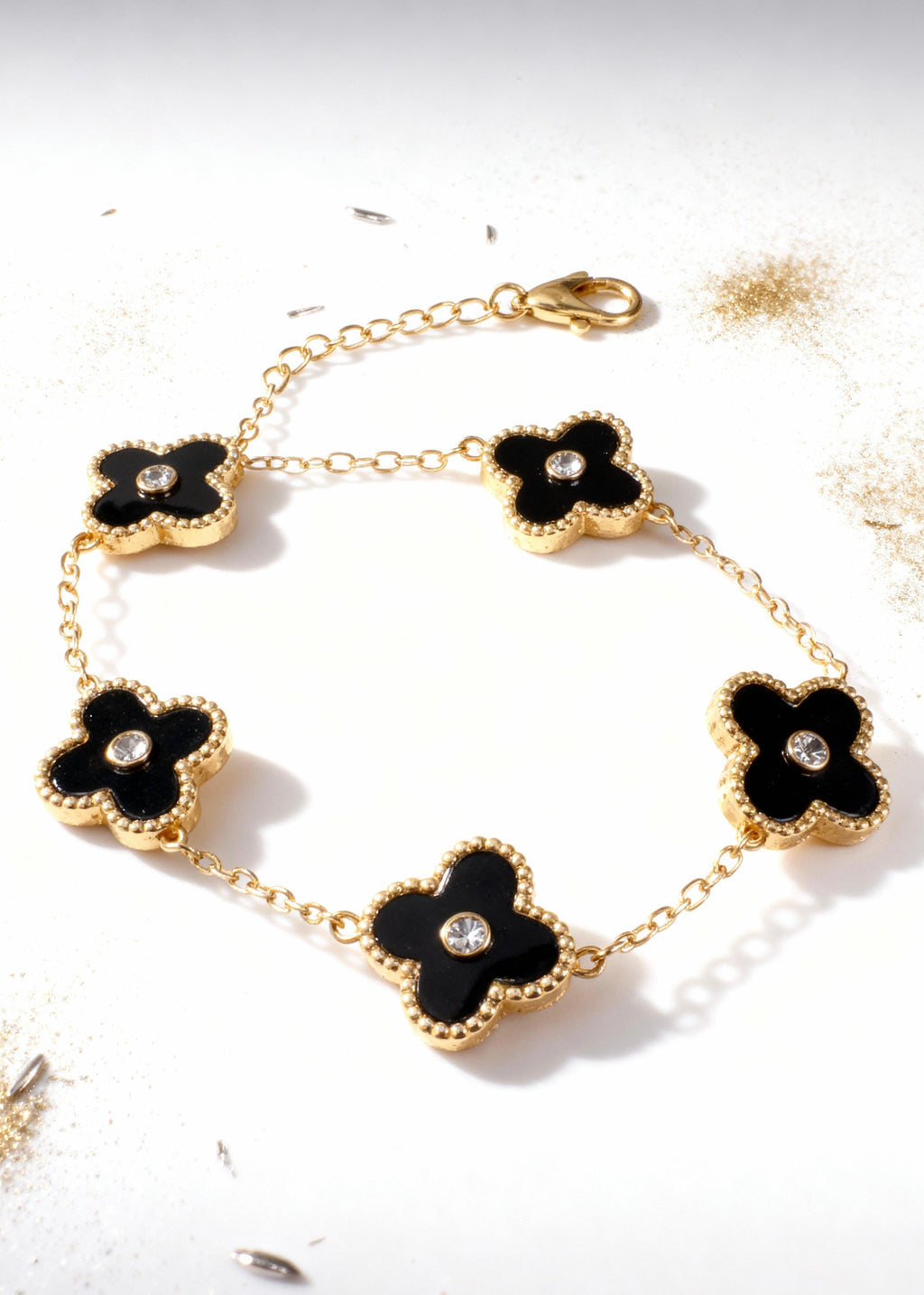 Black Gemstone Gold Clover Bracelet "Adjustable"