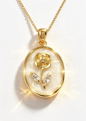 Vintage Rose Pendant With "Crystal Leaves" - Adjustable Chain